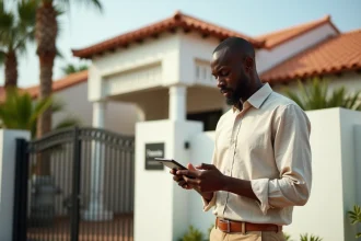 Homme consultant des annonces immobilières devant une villa à vendre à Dakar dans le quartier des Almadies