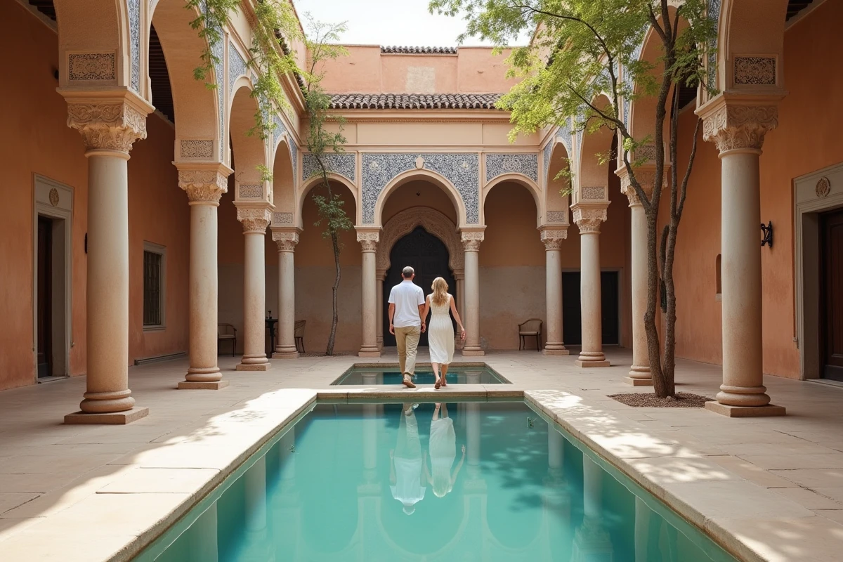 Couple visitant le patio intérieur d'une villa traditionnelle avec piscine à Essaouira pour en faire leur résidence principale