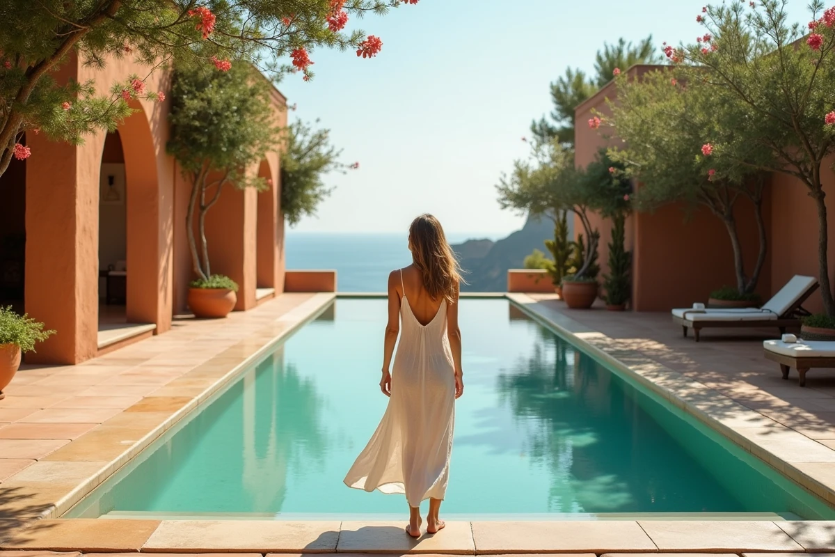 Femme en robe de lin devant la piscine d'une villa à Essaouira avec vue sur l'océan Atlantique