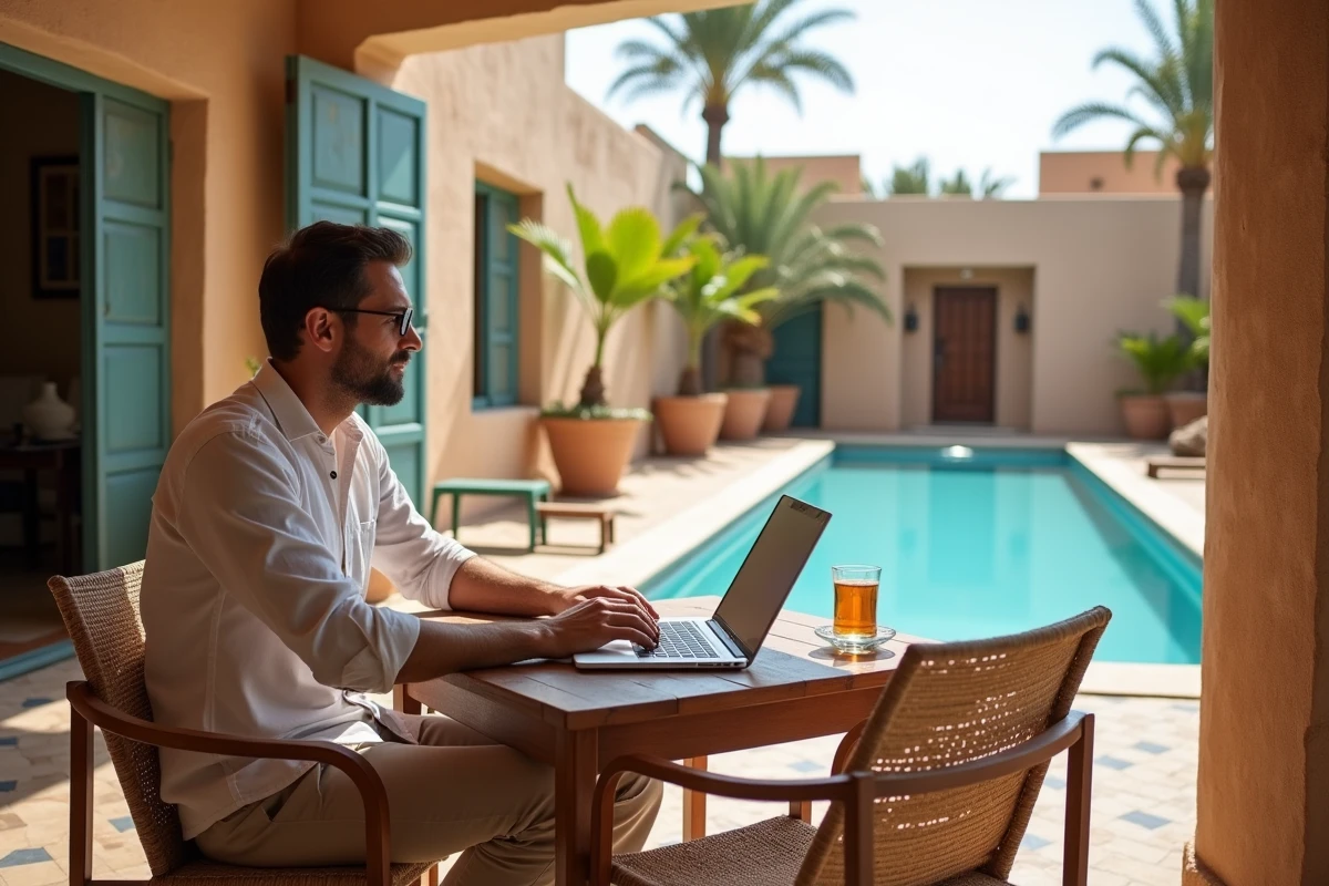 Homme en télétravail sur la terrasse d'une villa avec piscine à Essaouira au Maroc