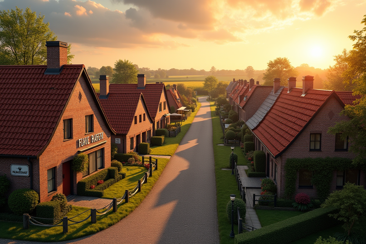 Village flamand au lever du soleil avec maisons rouges