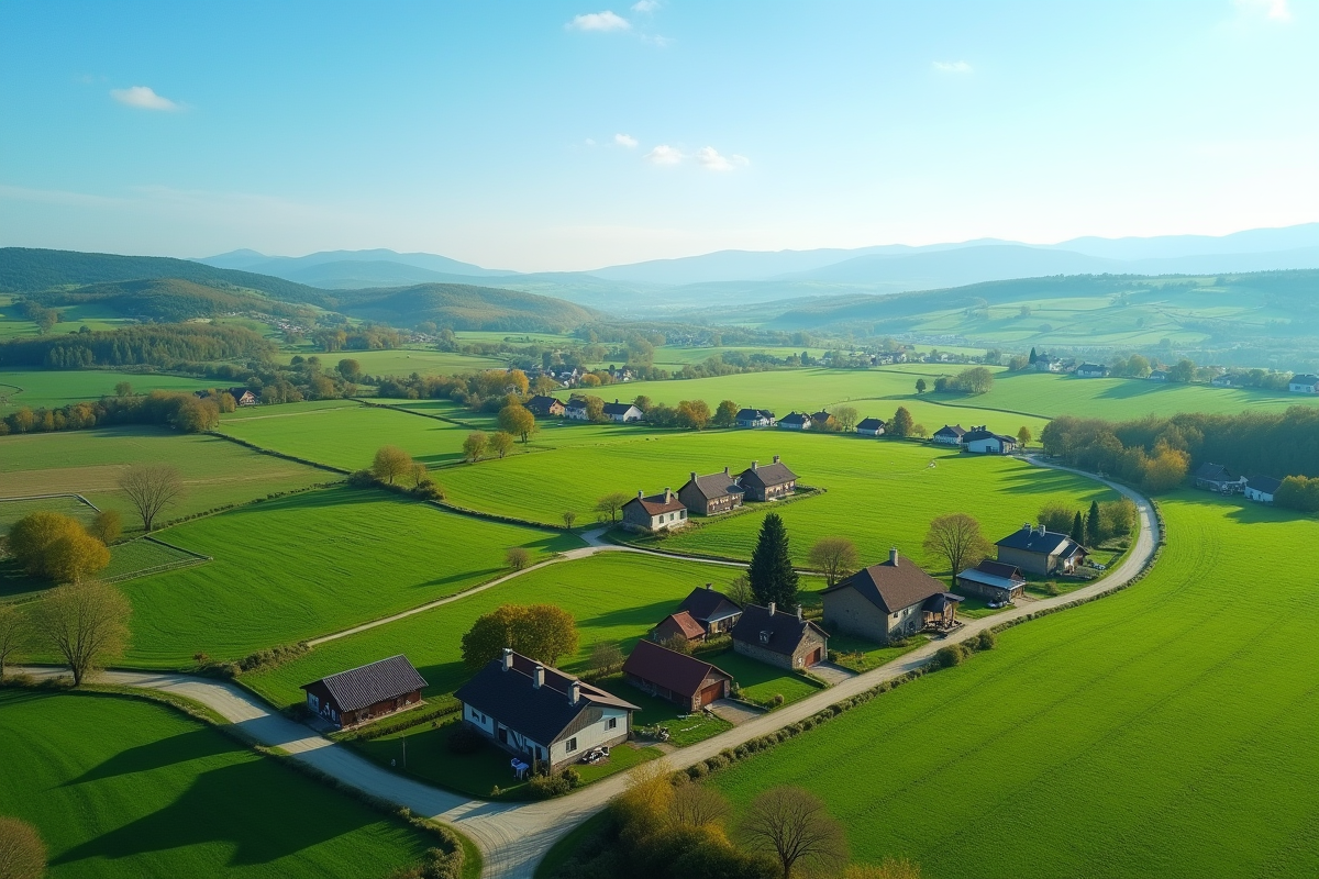 Village rural paisible avec maisons et champs verts
