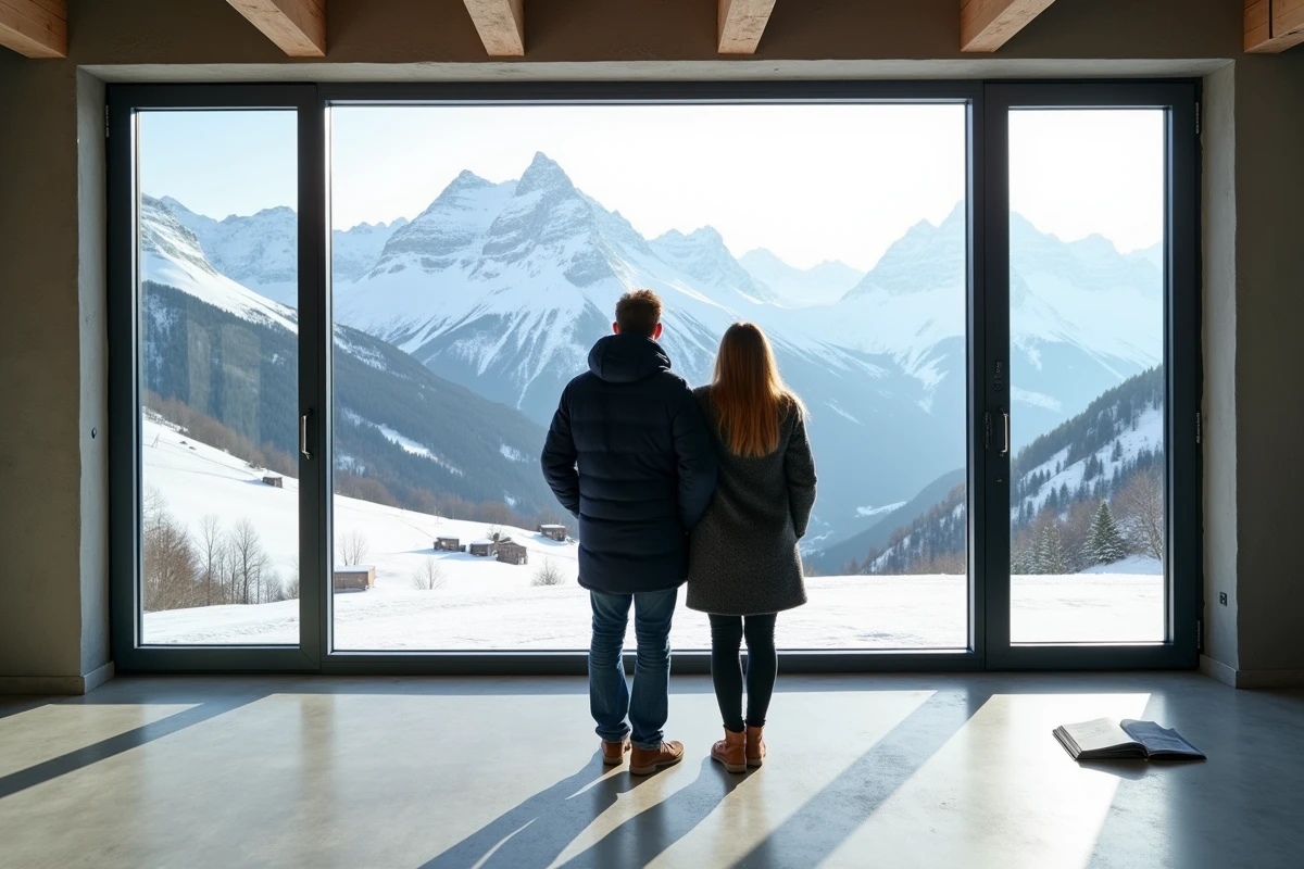 Couple visitant un appartement non meublé à Andorre avec grande baie vitrée donnant sur une piste de ski enneigée