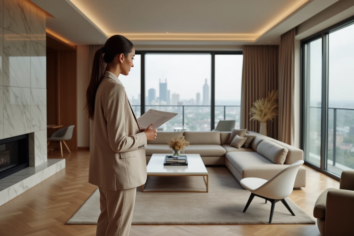Femme investisseuse consultant un rapport d'estimation immobilière lors de la visite d'un appartement de luxe haut standing avec parquet en chêne et vue panoramique