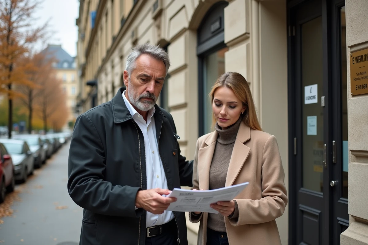 Agent immobilier et cliente devant un immeuble résidentiel parisien avec panneau à vendre lors d'une visite de bien immobilier