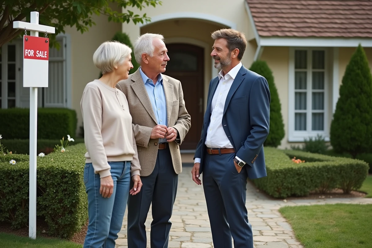 Couple et agent immobilier devant une maison en vente en banlieue