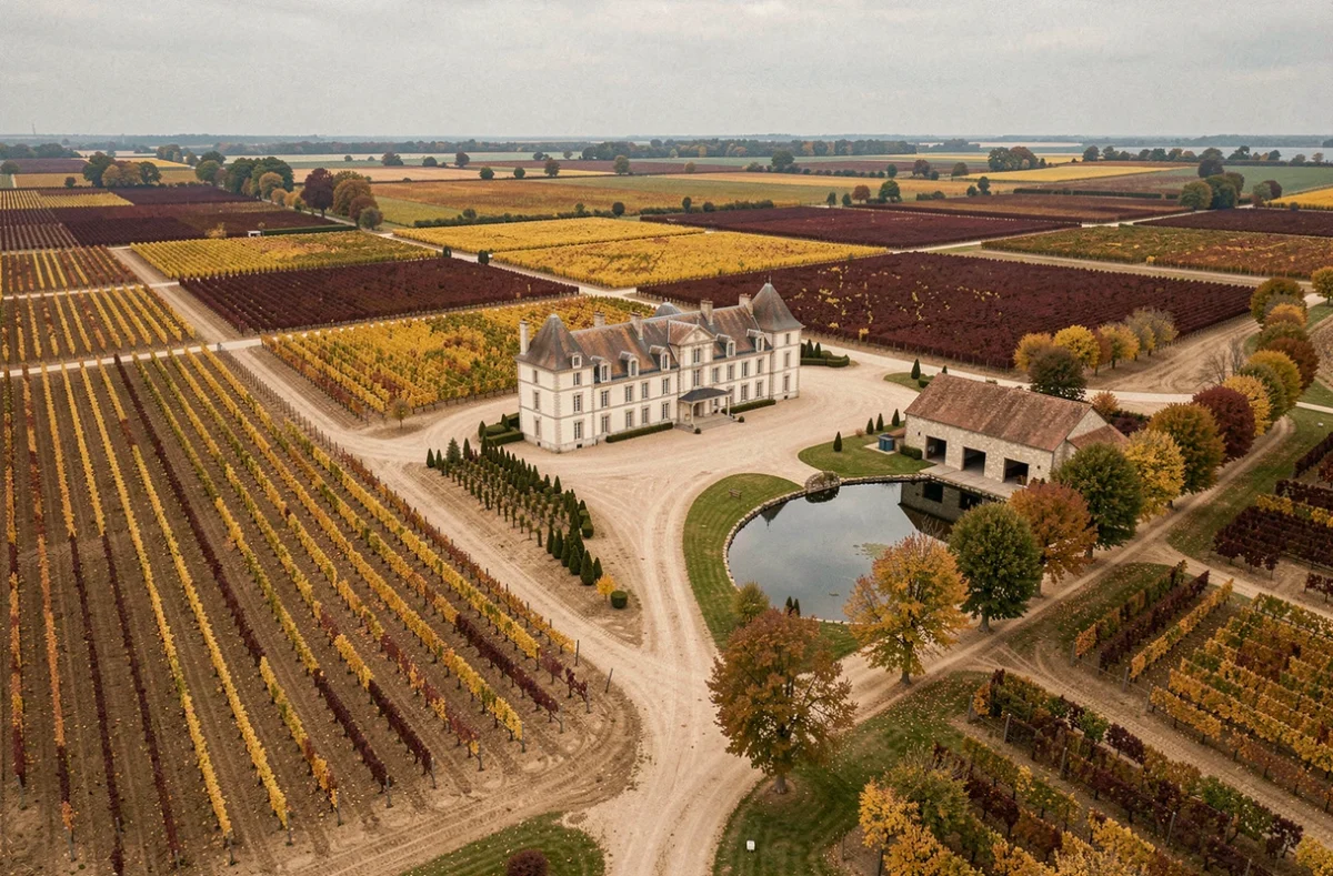 Vue aérienne d'une propriété viticole bordelaise avec château et vignobles en automne illustrant une estimation de prix